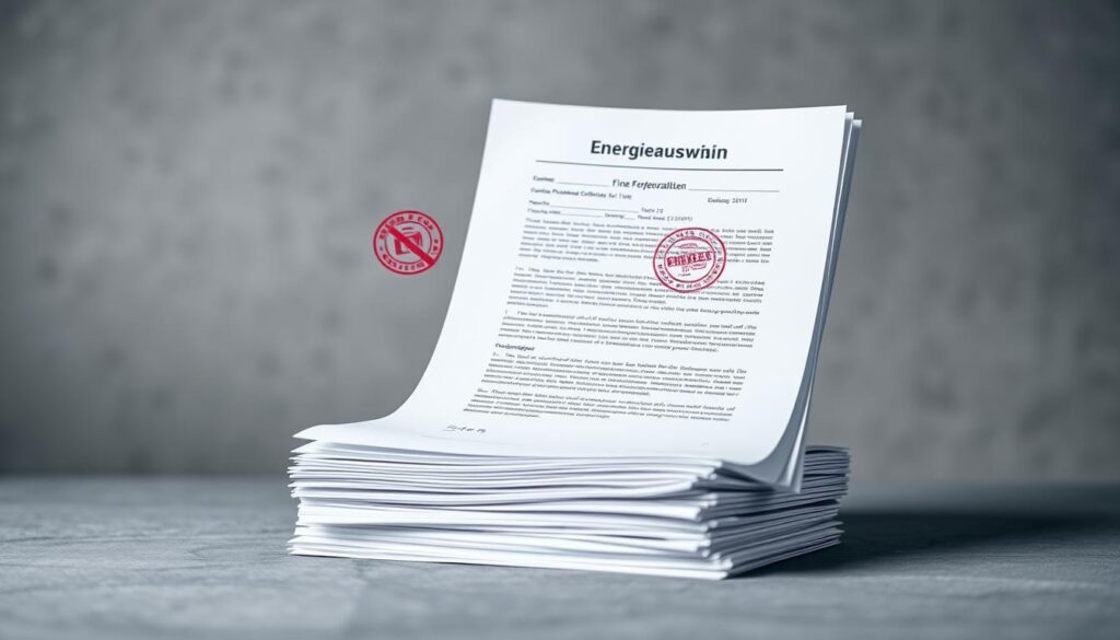 A crisp, detailed illustration of fines and penalties related to the German energy performance certificate, or &quot;Energieausweis&quot;. Depicted in a realistic, technical style, the image showcases a stack of official government documents with stamps and seals, symbolizing the administrative and legal consequences of noncompliance. The documents are presented against a muted, neutral background, with subtle lighting and depth of field to draw the viewer's attention to the central subject matter. The overall mood is one of seriousness and gravity, underscoring the importance of following energy efficiency regulations when selling private property.