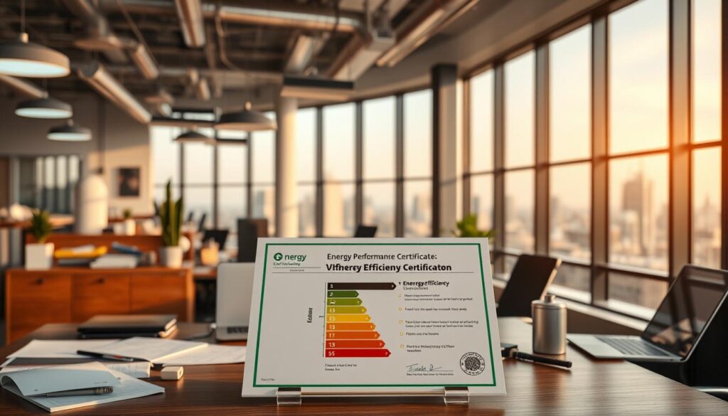 A detailed interior scene of a modern office space, showcasing various energy efficiency measures. The foreground features an energy performance certificate displayed prominently on a desk, surrounded by office supplies and a laptop. The middle ground reveals energy-efficient lighting fixtures, an HVAC system, and insulated windows. The background depicts a panoramic cityscape view through the large windows, bathed in warm, natural lighting. The overall mood is professional and informative, inviting the viewer to explore the practical examples of energy efficiency in a real-world setting.