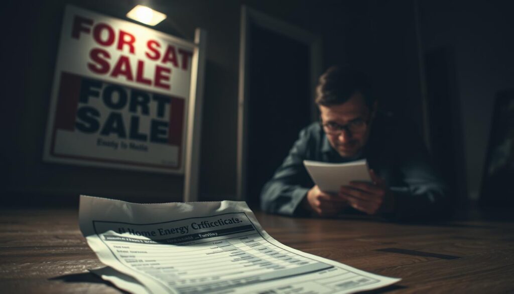 A dimly lit room with a For Sale sign prominently displayed, casting ominous shadows. In the foreground, a neglected home energy efficiency certificate lies crumpled on the floor, symbolizing the risks of an unseen energy profile. The middle ground features a disgruntled prospective buyer examining the document, brow furrowed in concern. The background fades into darkness, hinting at the potential hidden costs and complications that may arise without proper energy assessment. The scene conveys a sense of unease and the importance of addressing energy efficiency during a private property transaction.