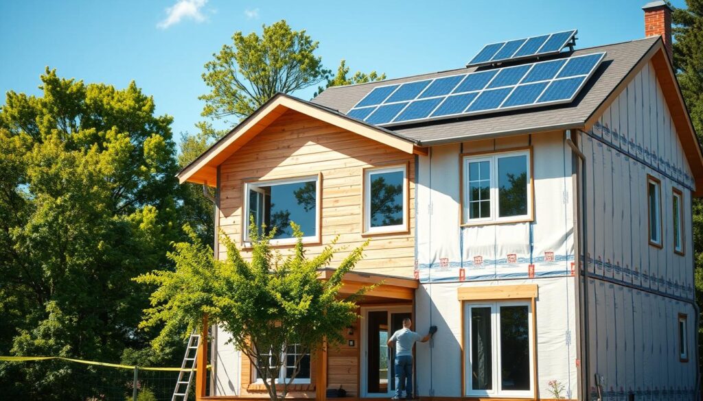 A modern two-story residential house with a focus on energy efficiency renovations. In the foreground, workers insulating the exterior walls with high-performance thermal insulation panels. In the middle ground, a newly installed energy-efficient window and a roof-mounted solar panel system. In the background, lush green trees and a clear blue sky, conveying a sense of sustainability and environmental harmony. The scene is lit by natural sunlight, creating warm, diffused lighting that highlights the textures and details of the home's renovations. The overall atmosphere is one of progress, innovation, and a commitment to reducing the home's carbon footprint.
