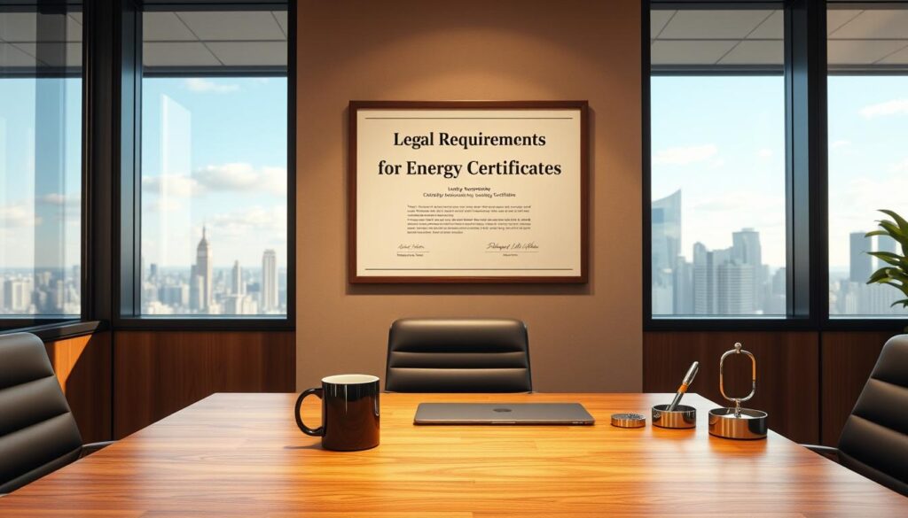 A professional, sleek business office interior with a large window overlooking a city skyline. In the foreground, a wooden desk with a laptop, coffee mug, and pen holder. On the wall behind the desk, a framed certificate or document titled &quot;Gesetzliche Anforderungen Energieausweis&quot; in a clean, modern font. The lighting is warm and inviting, with soft shadows and highlights accentuating the details. The overall atmosphere conveys a sense of authority, legality, and environmentally-conscious professionalism.