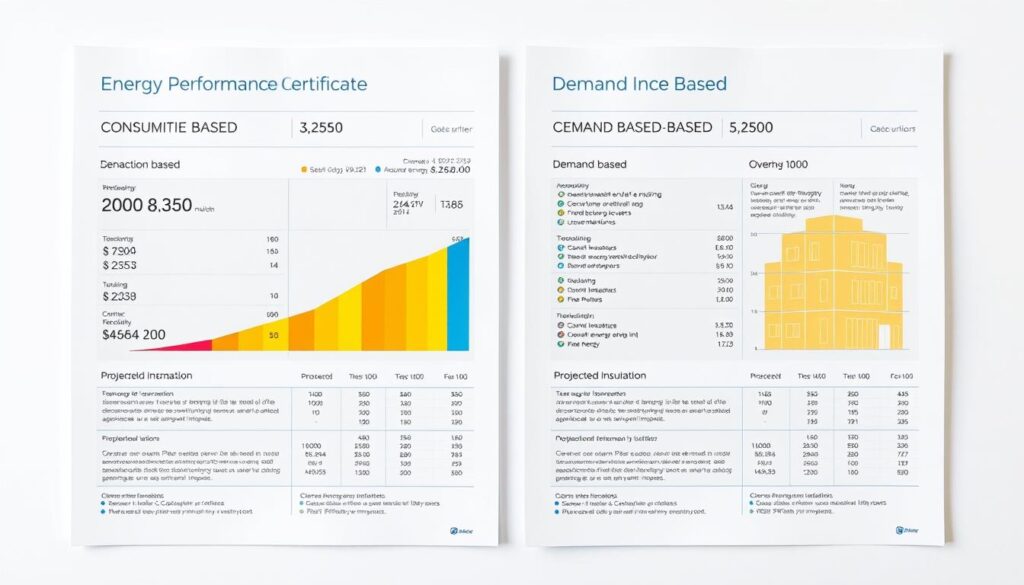 A side-by-side comparison of an energy performance certificate's consumption-based and demand-based sections. Showcased in a clean, modern layout with crisp lines and balanced symmetry. The consumption-based section depicted on the left, featuring energy usage data and a color-coded efficiency scale. The demand-based section on the right, presenting information on the building's thermal insulation and projected energy needs. Neutral tones of gray, white, and blue convey a professional, informative atmosphere. Minimal, typography-driven design elements provide clear visual hierarchy and ease of comprehension. Bright, diffused lighting casts an objective, educational glow over the entire scene.